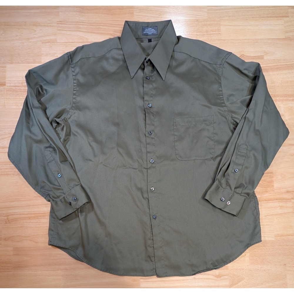 Crazy Horse Liz Claiborne Mens 17 34-35 Olive Green Sateen Button Down Shirt